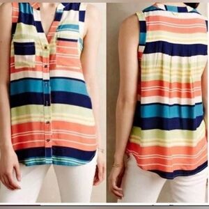Anthropologie Maeve Sunseeker Rainbow Striped Sleeveless Blouse, Size 4P EUC